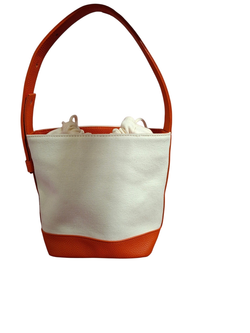 Sulwhasoo Canvas and Faux Leather Drawstring Bucket Bag in Cream and Orange